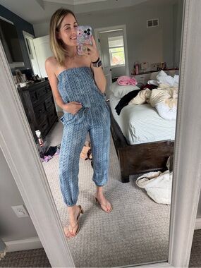 Abbeline Strapless Blue Chevron Jumpsuit
